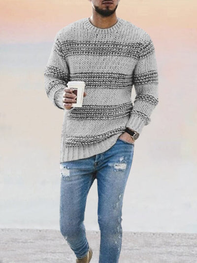 Striped Slim Round Neck Knit Long Sleeve Sweater Sweaters coofandystore Grey S 