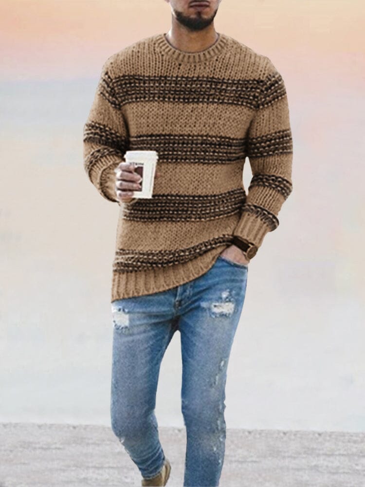 Striped Slim Round Neck Knit Long Sleeve Sweater Sweaters coofandystore Khaki S 