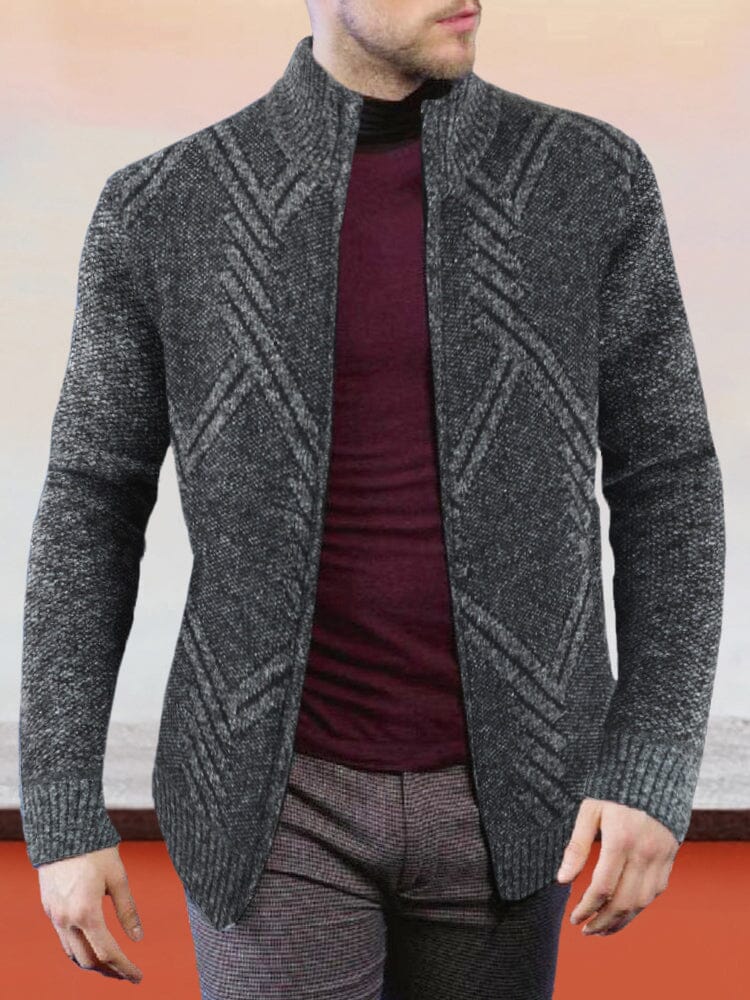 Stand Collar Geometric Printed Sweater Jacket Coat coofandystore Dark Grey M 