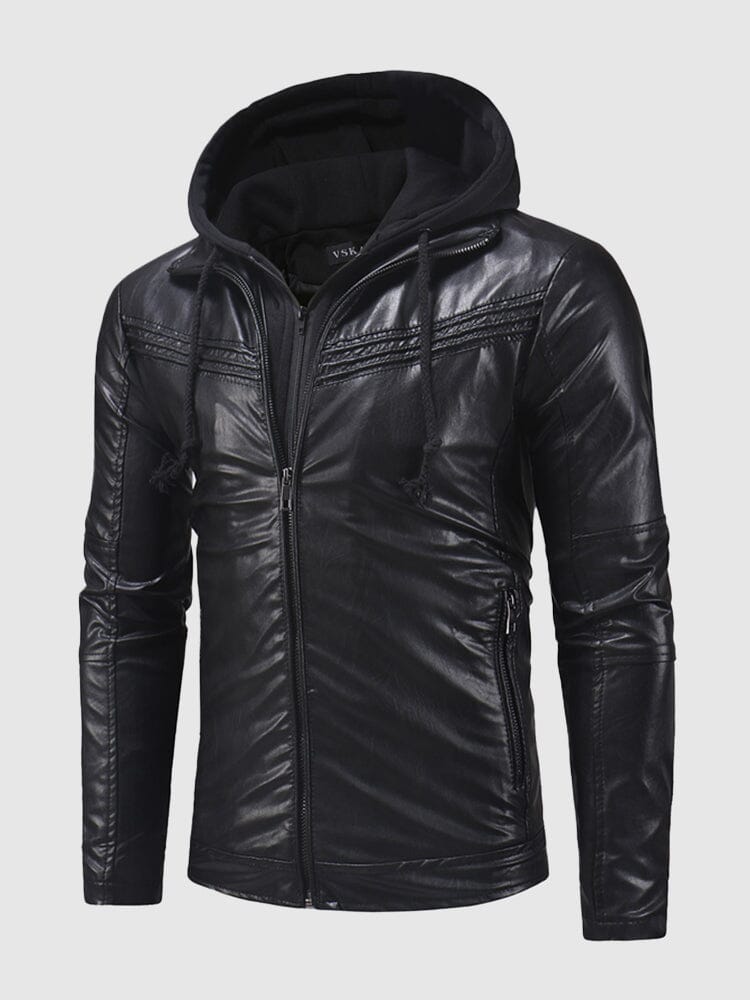 Slim Fit Hooded Leather Coat Coat coofandystore Black M 