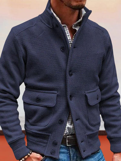 Stand Collar Solid Color Casual Jacket Coat coofandystore Navy Blue S 