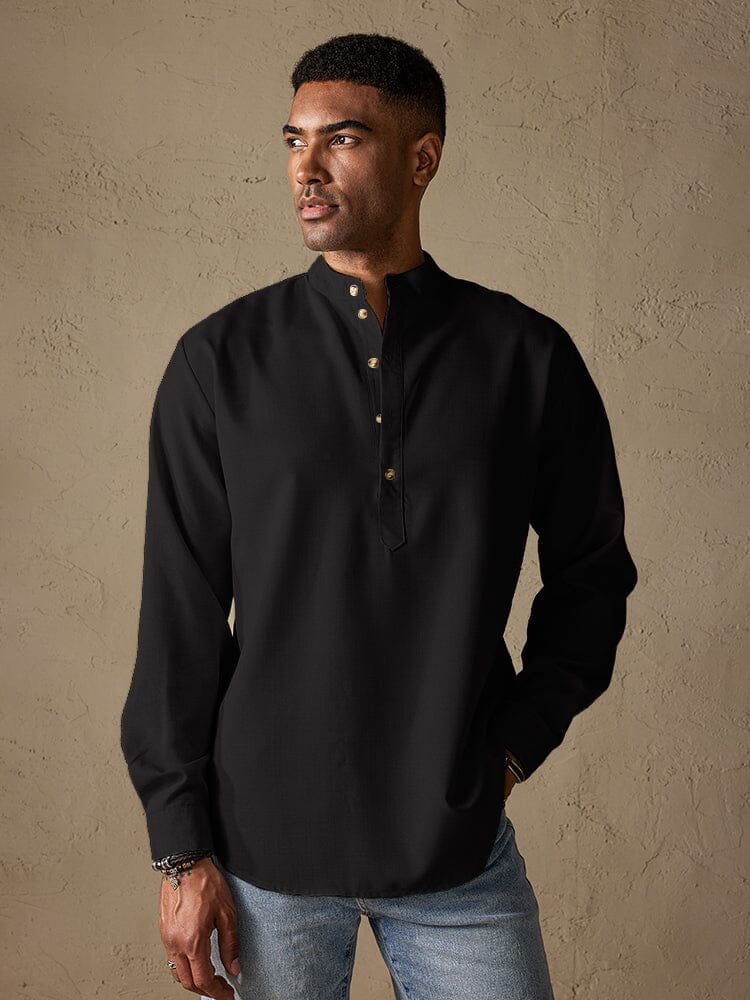 Loose Linen Style Stand Collar Shirt Shirts coofandy Black M 