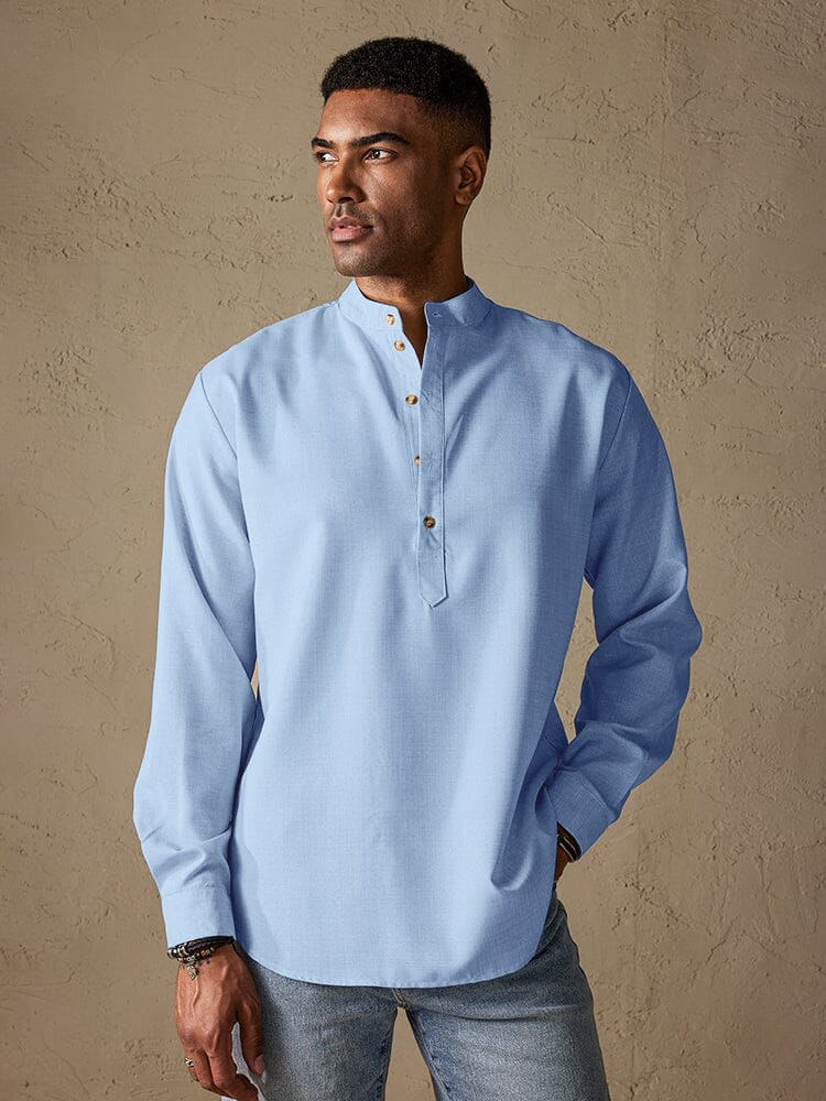 Loose Linen Style Stand Collar Shirt Shirts coofandy Light Blue M 
