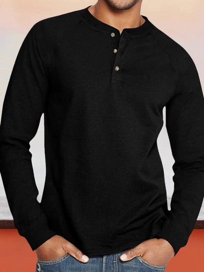 Color Blocking Round Neck Button Long Sleeve Henley Shirt T-Shirt coofandystore Black M 