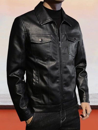 Slim-fitting Lapel Leather Jacket Jackets coofandy Black S 