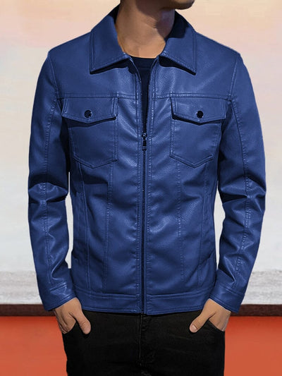 Slim-fitting Lapel Leather Jacket Jackets coofandy Blue S 