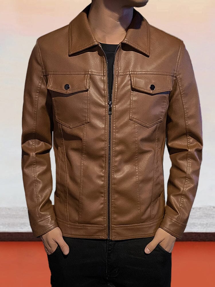 Slim-fitting Lapel Leather Jacket Jackets coofandy Brown S 