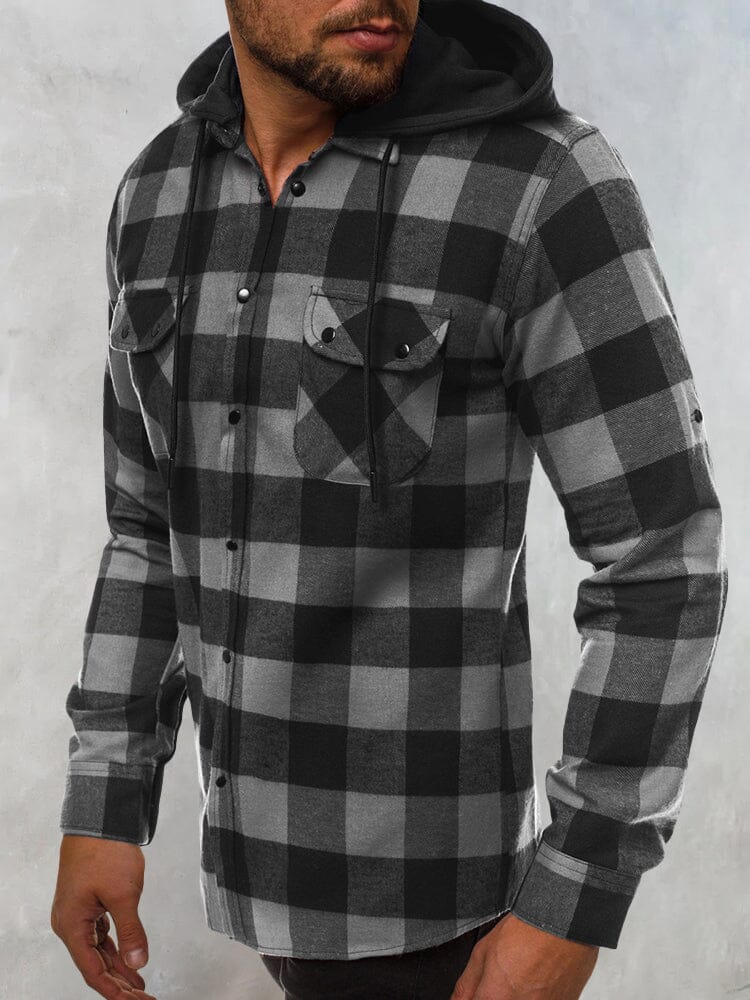 Plaid Removable Hooded Flannelette Long Sleeve Shirt with Pocket Shirts & Polos coofandystore Dark Grey M 