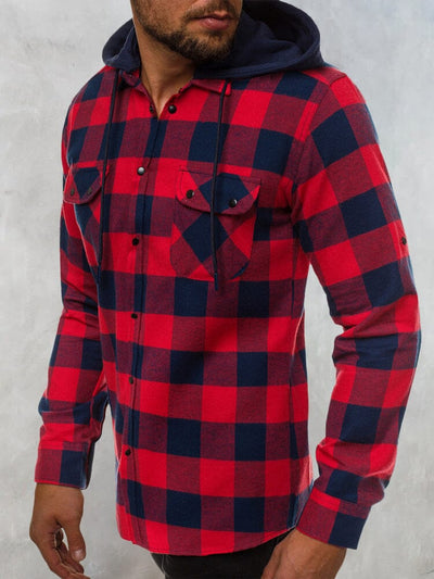 Plaid Removable Hooded Flannelette Long Sleeve Shirt with Pocket Shirts & Polos coofandystore Red M 
