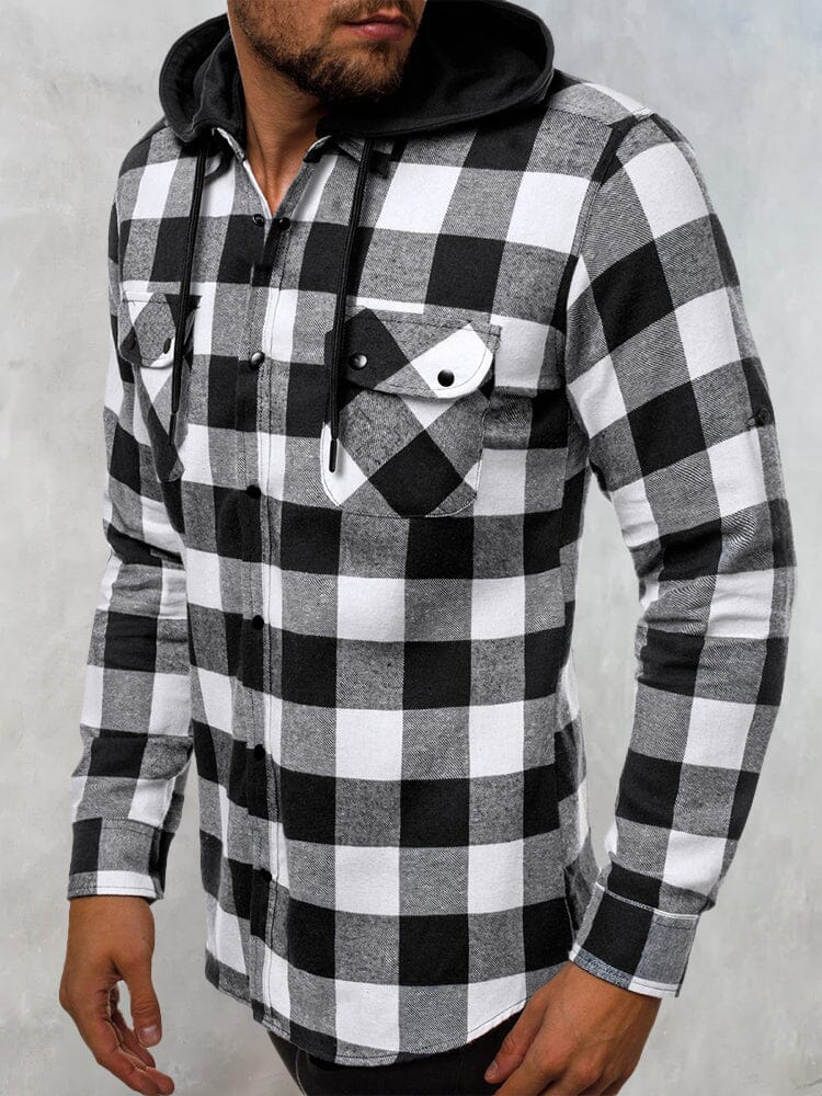 Plaid Removable Hooded Flannelette Long Sleeve Shirt with Pocket Shirts & Polos coofandystore White M 