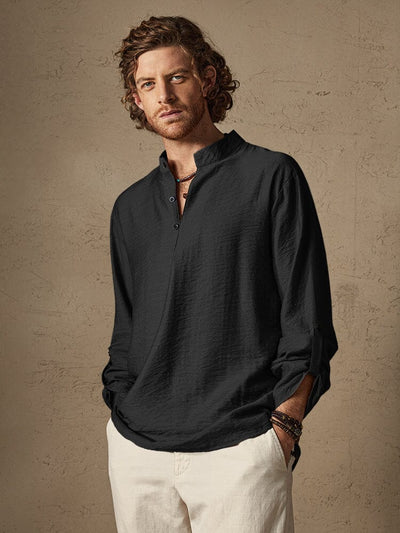 Linen Henry Long Sleeve Beach Shirt Shirts coofandystore Black S 