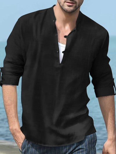 Linen Henry Long-sleeved Beach Shirt Shirts coofandystore Black S 