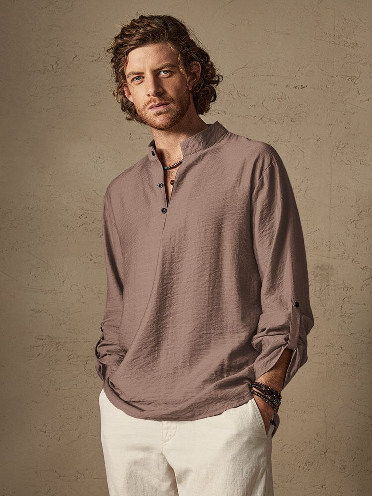 Linen Henry Long Sleeve Beach Shirt Shirts coofandystore Brown S 