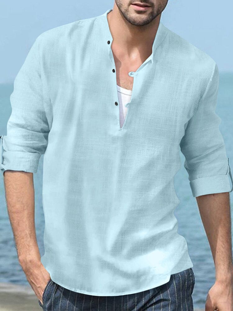Linen Henry Long-sleeved Beach Shirt Shirts coofandystore Blue S 