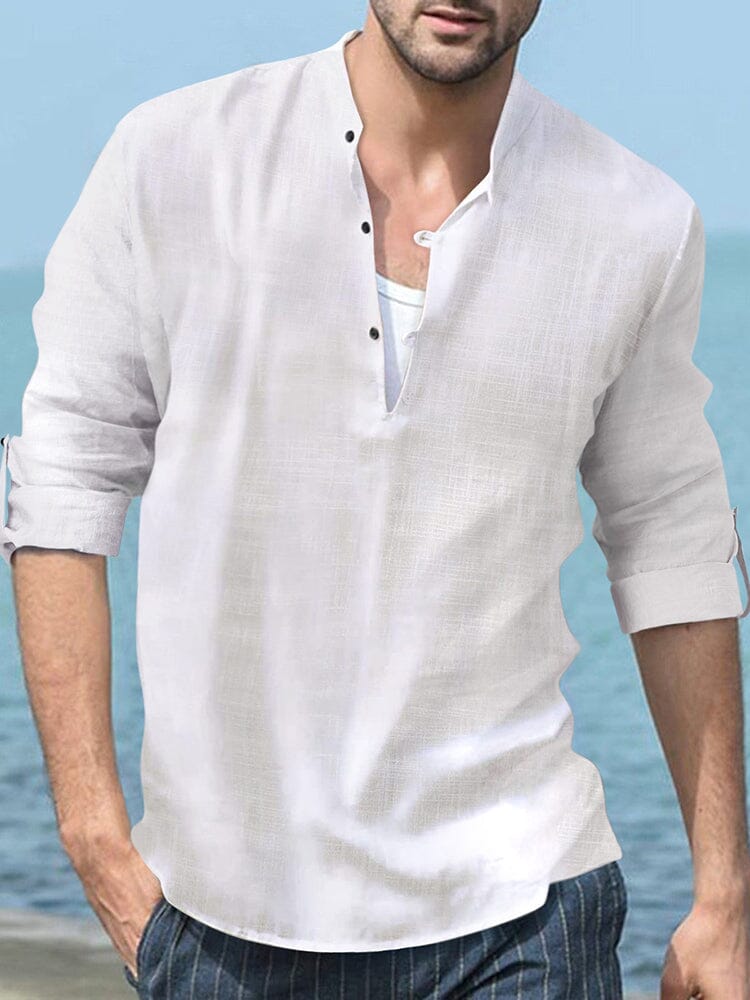 Linen Henry Long-sleeved Beach Shirt Shirts coofandystore White S 