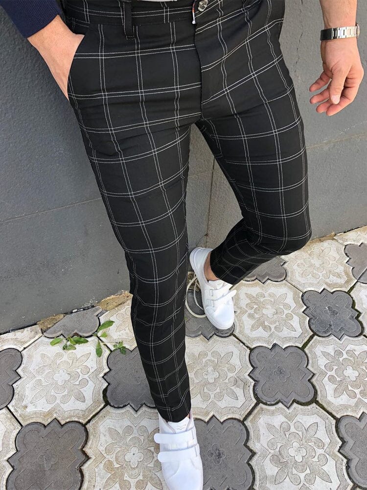 Double Striped Plaid Print Casual Pants Pants coofandystore Black S 