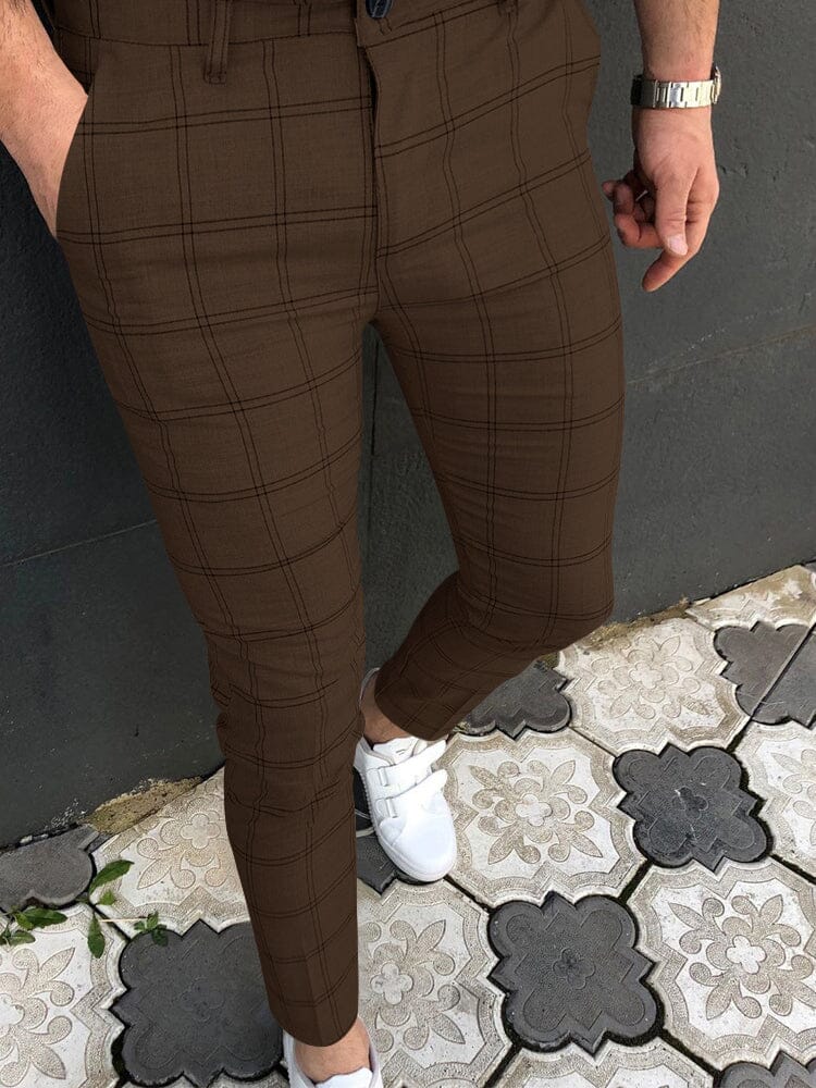 Double Striped Plaid Print Casual Pants Pants coofandystore Brown S 