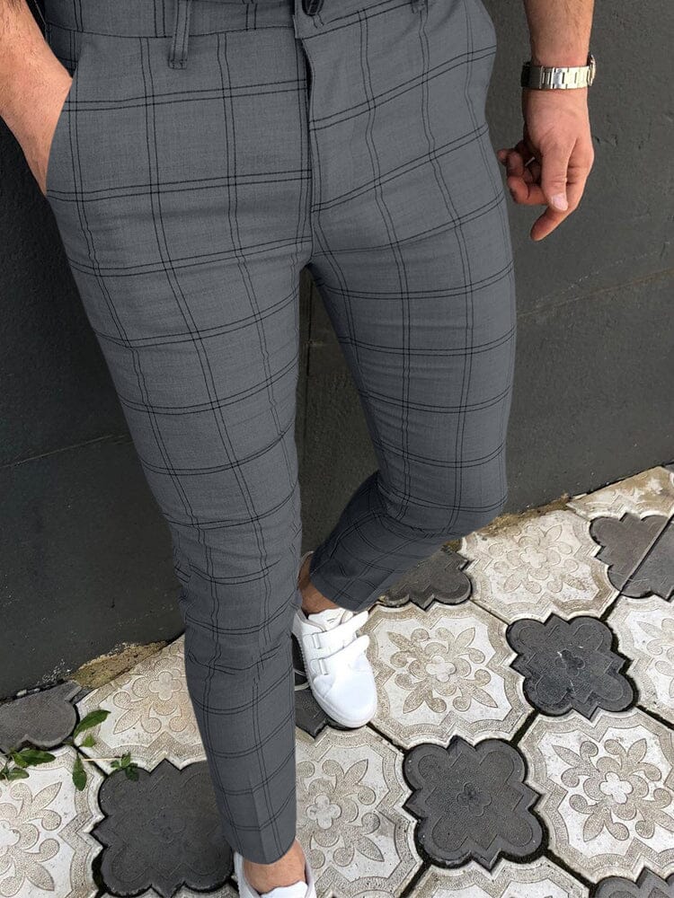 Double Striped Plaid Print Casual Pants Pants coofandystore Dark Grey S 