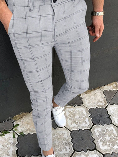Double Striped Plaid Print Casual Pants Pants coofandystore Light Grey S 