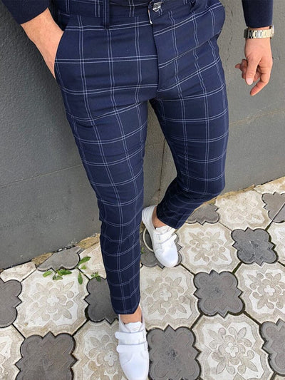 Double Striped Plaid Print Casual Pants Pants coofandystore Navy Blue S 