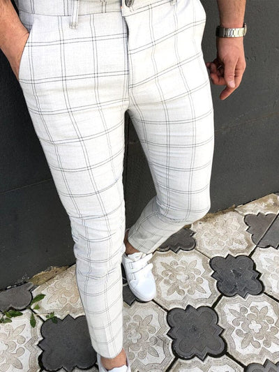 Double Striped Plaid Print Casual Pants Pants coofandystore White S 