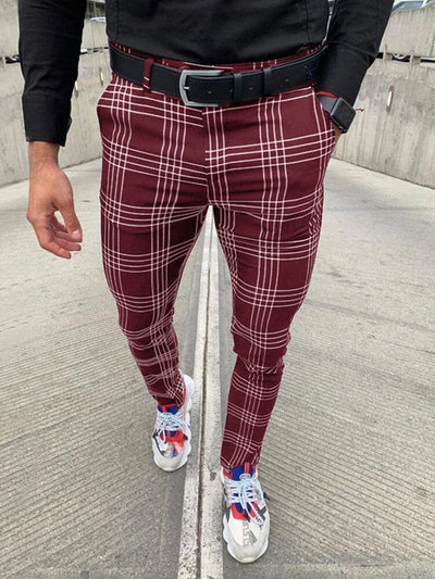 Plaid Striped Casual Pant Pants coofandystore Wine Red S 