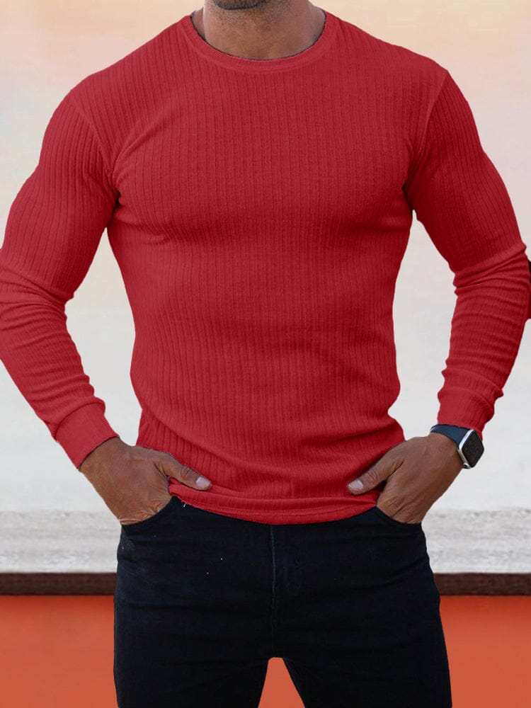 Stretch Stripes Round Neck Long-sleeved T-Shirt T-Shirt coofandystore Red M 