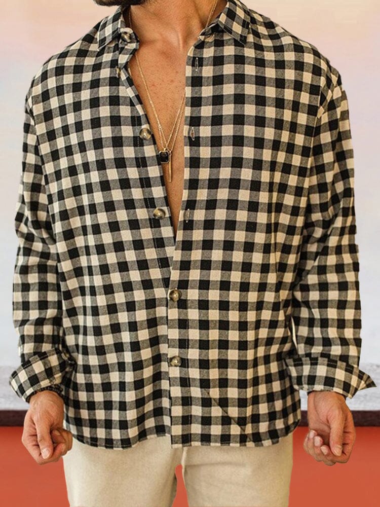 Linen Style Woven Black and White Plaid Shirt Shirts coofandy 