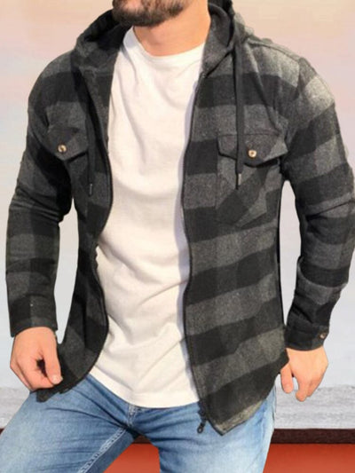 Zipper Cardigan Hooded Plaid Long-sleeved Shirt Shirts coofandy Dark Grey M 