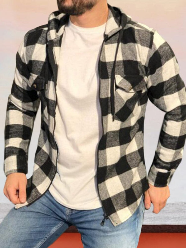 Zipper Cardigan Hooded Plaid Long-sleeved Shirt Shirts coofandy White M 