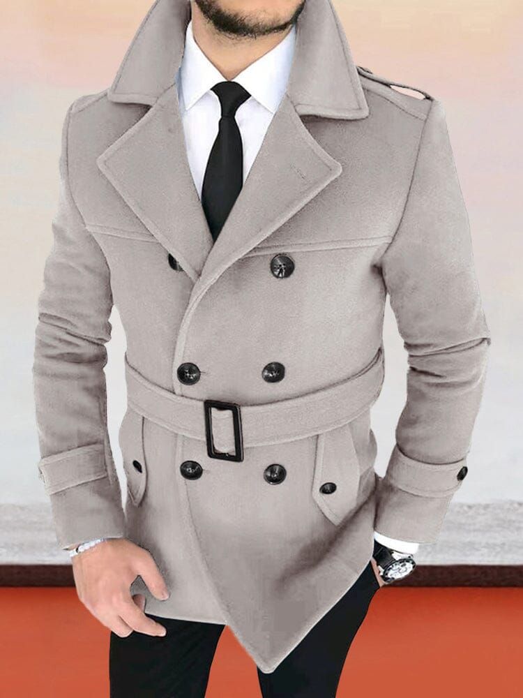 Lapel Double-breasted Tweed Coat With Belt Jackets coofandystore Light Grey S 