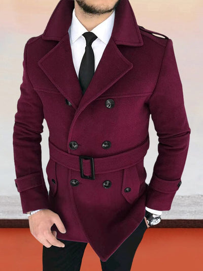 Lapel Double-breasted Tweed Coat With Belt Jackets coofandystore Wine Red S 