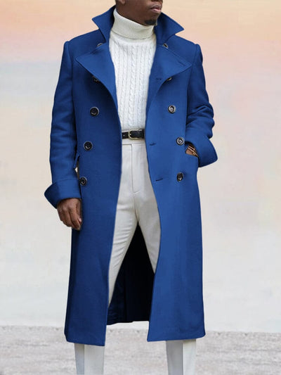 Solid Double-Breasted Long Coat Coat coofandystore Blue S 