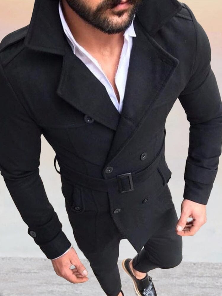Lapel Neck Double-Breasted Coat with Belt Coat coofandystore Black S 
