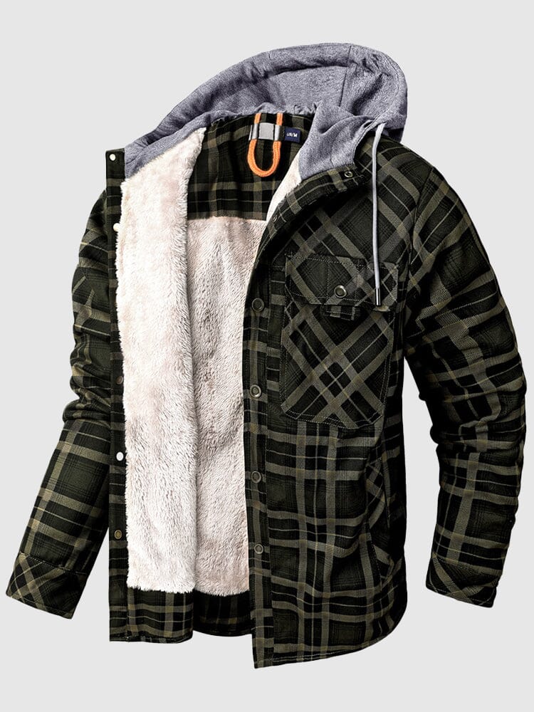 Thickened Hooded Plaid Flannelette Long-sleeved Jacket Coat coofandystore Army Green S 