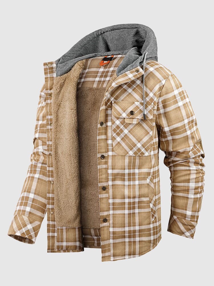 Thickened Hooded Plaid Flannelette Long-sleeved Jacket Coat coofandystore Khaki S 