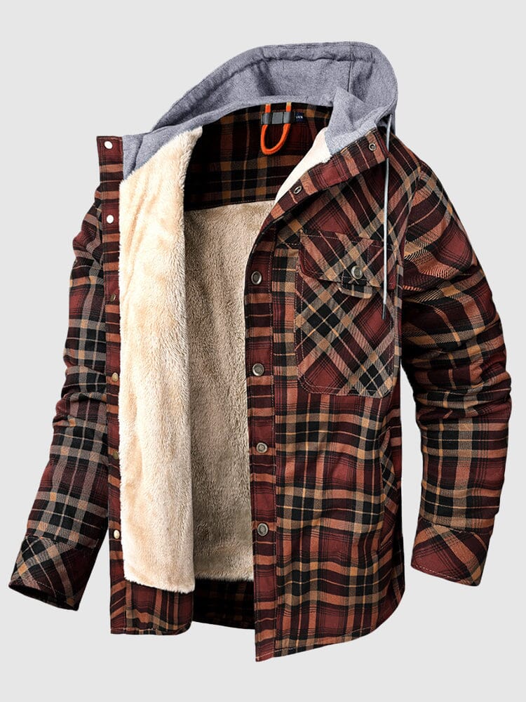 Thickened Hooded Plaid Flannelette Long-sleeved Jacket Coat coofandystore Light Coffee S 