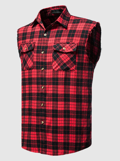 Casual Flannelette Plaid Sleeveless Cotton Vest Shirts & Polos coofandystore Red 1 S 