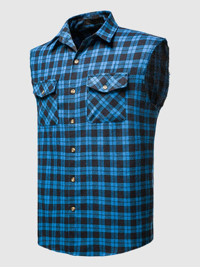 Casual Flannelette Plaid Sleeveless Cotton Vest Shirts & Polos coofandystore Blue S 