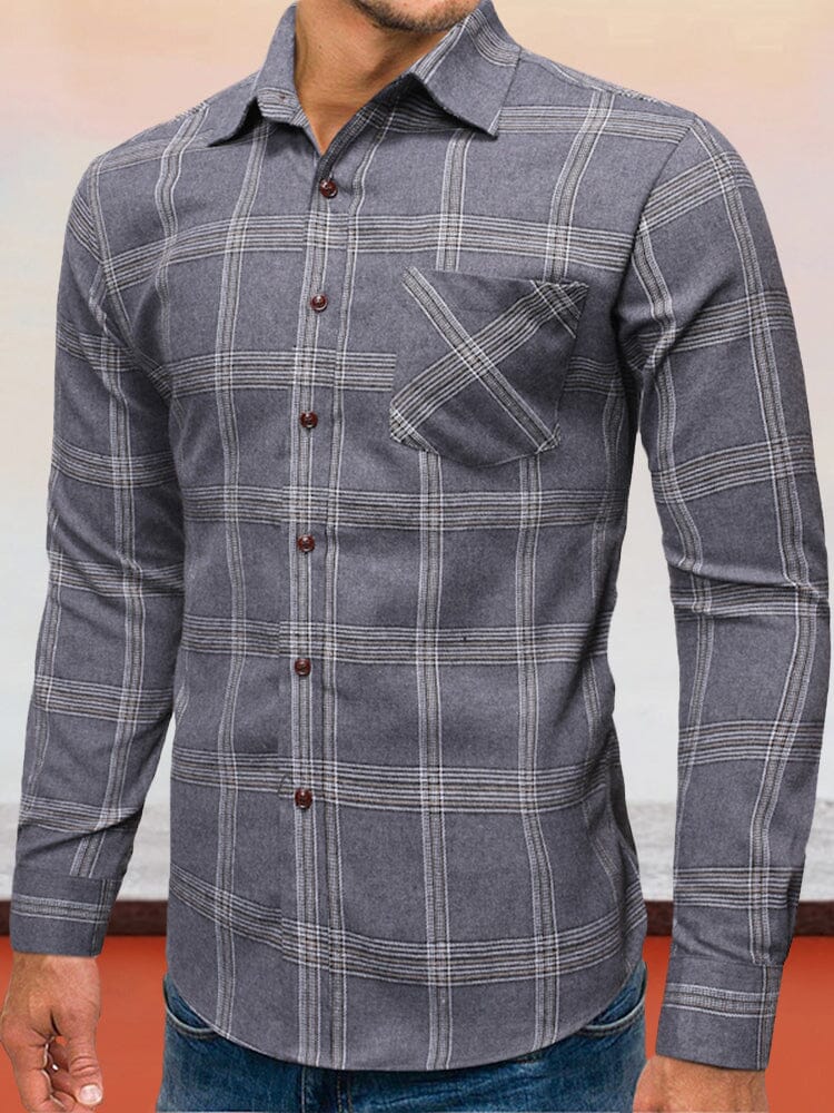 Slim Fit Plaid Flannelette Shirt Shirts coofandystore Grey S 