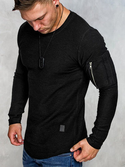 Sleeve with Pocket Round Neck T-Shirt T-Shirt coofandystore Black S 
