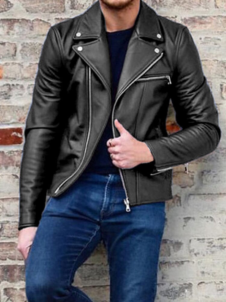 Slim Fit Lapel PU Leather Jacket Jackets coofandystore Black S 