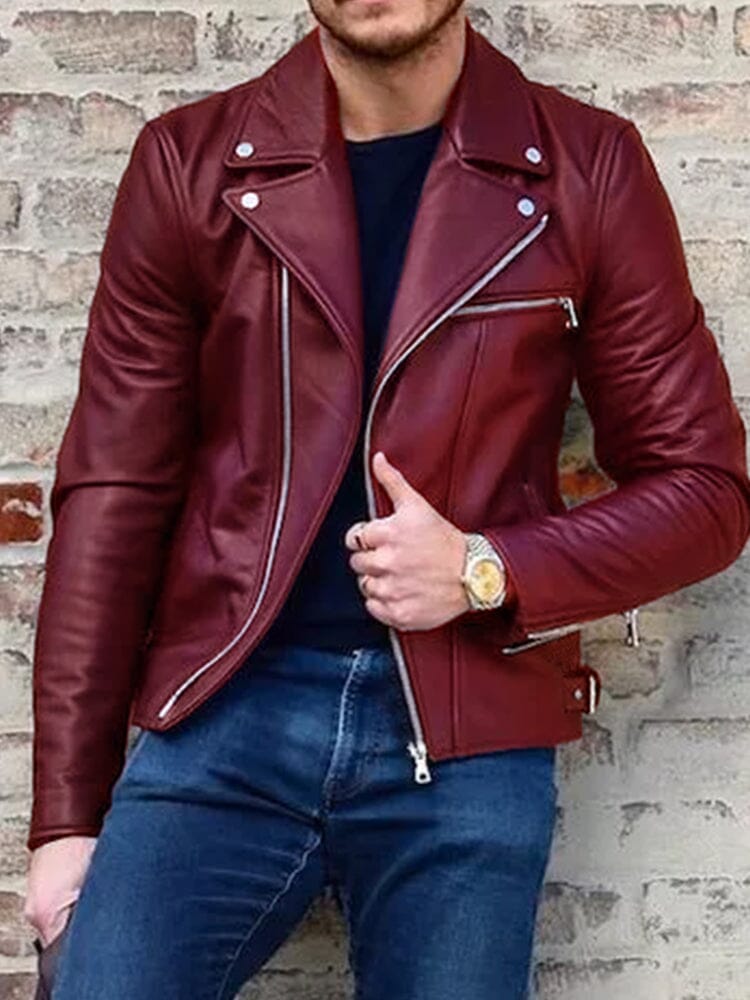 Slim Fit Lapel PU Leather Jacket Jackets coofandystore Wine Red S 