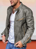 Solid Color Zipper PU Leather Jacket Jackets coofandystore Grey S 