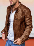 Solid Color Zipper PU Leather Jacket Jackets coofandystore Dark Brown S 