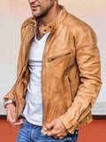 Solid Color Zipper PU Leather Jacket Jackets coofandystore Light Brown S 