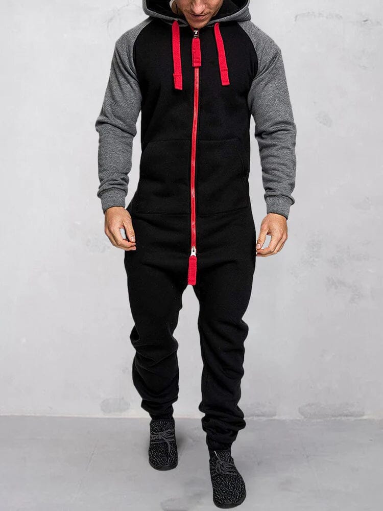 Hooded Fleece Solid Color Jumpsuit Jumpsuit coofandystore Black/Red M 