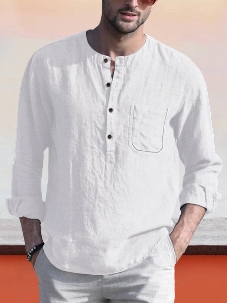 Linen Style Henley Shirt With Pocket Shirts coofandystore White S 