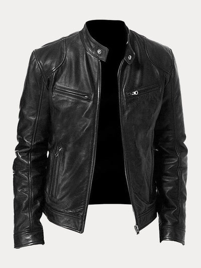 Stand Collar Zipper Cardigan Pocket PU Leather Jacket Jackets coofandystore Black S 