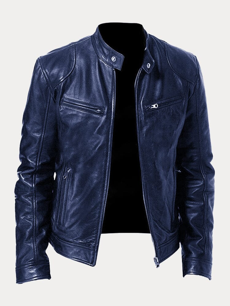 Stand Collar Zipper Cardigan Pocket PU Leather Jacket Jackets coofandystore Dark Blue S 